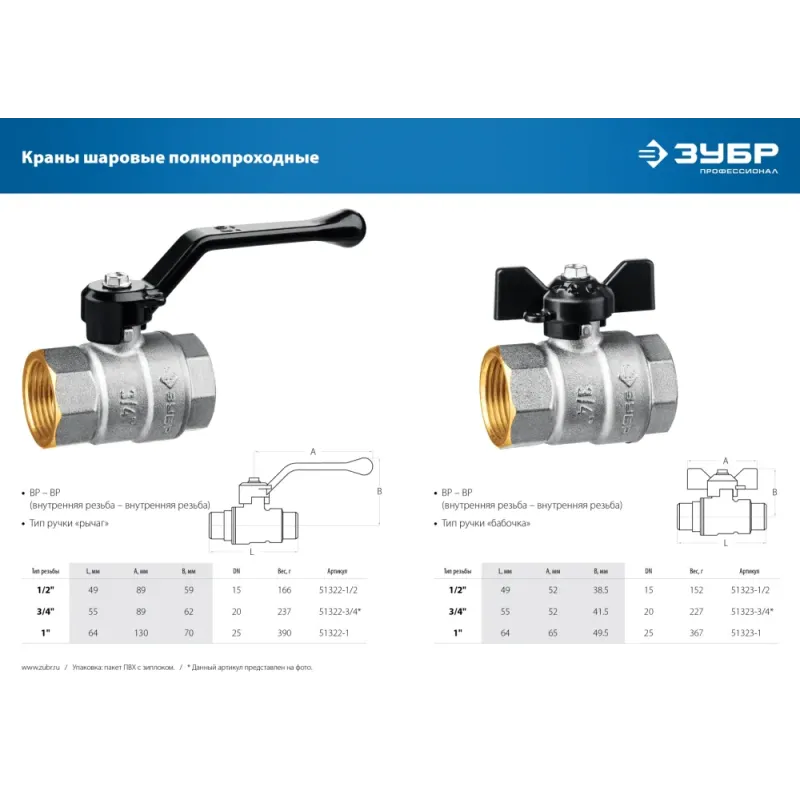 ЗУБР d 1″, ручка ″бабочка″, ″мама-мама″, полнопроходной шаровой кран (51323-1)