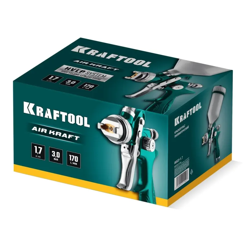KRAFTOOL AirKraft, HVLP, 1.7 мм, пневматический краскопульт с верхним бачком (06522-1.7)