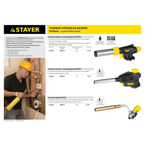 STAYER ProTerm PG 500, 1300°C, увеличенный выход пламени, газовая горелка с пьезоподжигом на баллон с цанговым соединением, Professional (55580)