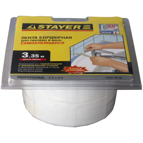 STAYER 3.35 м x 60 мм x 3.35 м, профиль L, белая, бордюрная лента для ванн и раковин, Professional (12341-30-30)