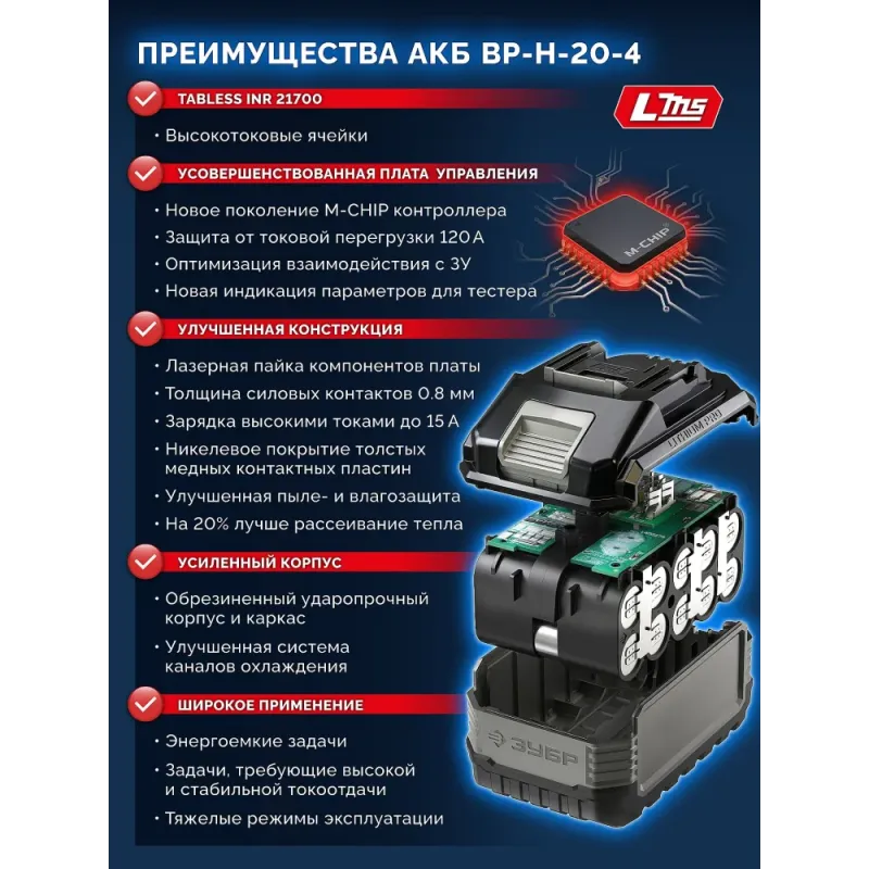 ЗУБР High Power, 20 В, 4.0 А·ч, аккумулятор LMS, ПРОФЕССИОНАЛ (BP-H-20-4)