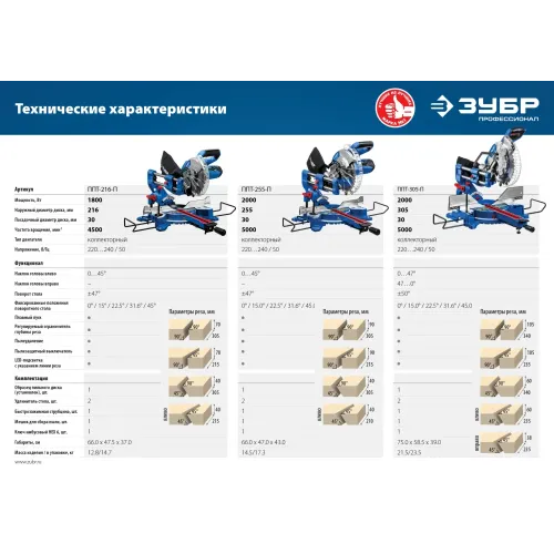 ЗУБР Профессионал ППТ-305-П пила торцовочная с протяжкой, d 305 х 30 мм, 2000 Вт