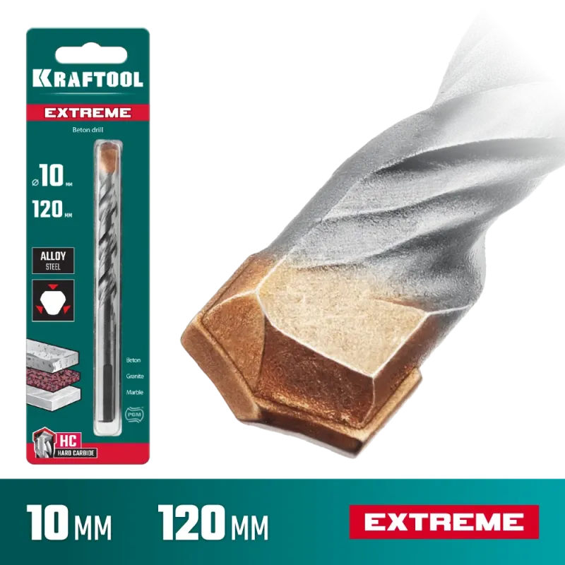 KRAFTOOL Extreme, 10 х 120 мм, трехгранный хвостовик, сверло по бетону (29166-120-10)