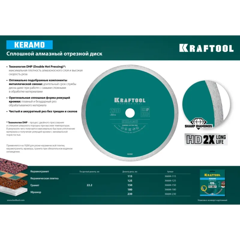 KRAFTOOL KERAMO, 125 мм, (22.2 мм, 10 х 1.6 мм), сплошной алмазный диск (36684-125)