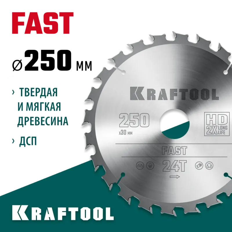 KRAFTOOL Fast, 250 х 30 мм, 24Т, пильный диск по дереву (36950-250-30)