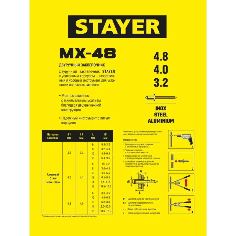 STAYER MX-48, 3.2 - 4.8 мм, 530 мм, двуручный заклепочник (3114)