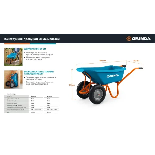 GRINDA GP-21, ударопрочный пластиковый кузов, 110 л, 180 кг, одноколесная, пневматическое колесо, тачка садовая PROLine (422408)