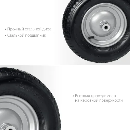 GRINDA WP-20, 4″х380мм, для тачек (арт. 422401, 422406, 422408), стальной диск, подшипник 20мм, пневматическое колесо для тачки, PROLine (422409)