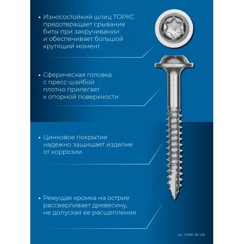 ЗУБР 38 х 3.8 мм, частая резьба, ТХ20, цинк, 300 шт, саморез для глухих отверстий, Профессионал (30082-38-038)