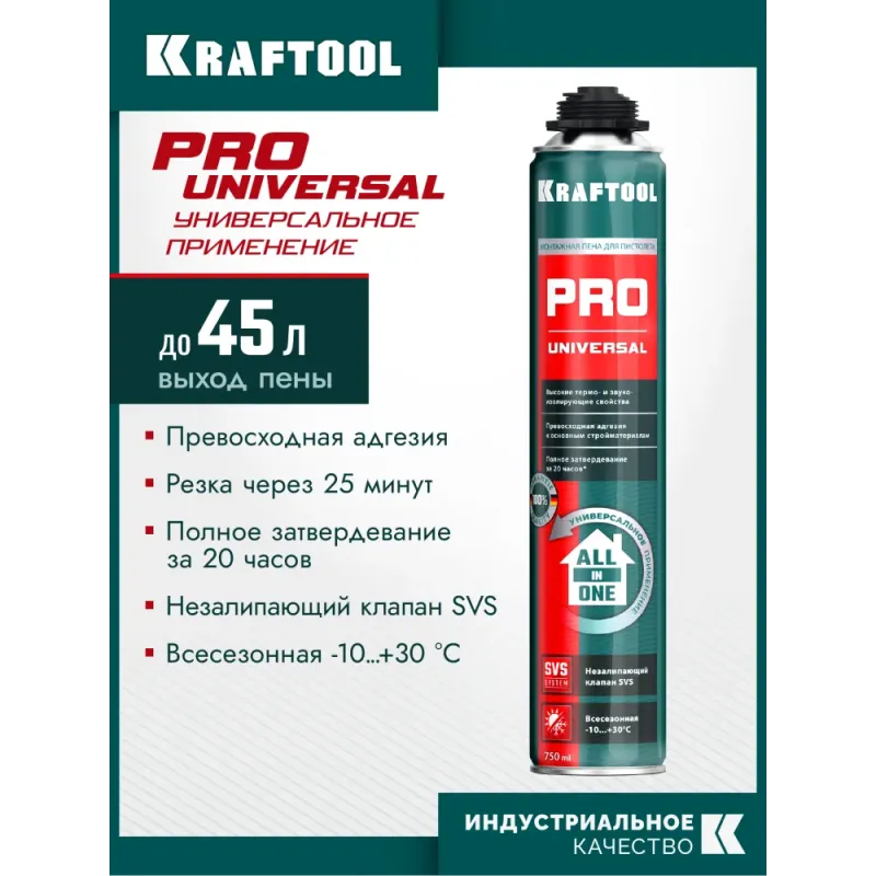 KRAFTOOL PRO, 750 мл, пистолетная, всесезонная, SVS, не залипающий клапан, выход до 45 л, монтажная пена (41182)