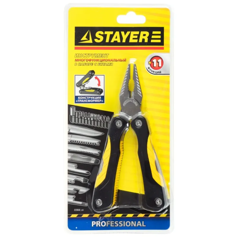 STAYER PROFESSIONAL, мультитул, 11 в 1, облегчённая модель, с набором бит, нейлоновый чехол, 98мм (22850)