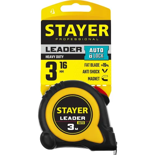 STAYER Leader, 3 м х 16 мм, рулетка с автостопом, Professional (3402-3)