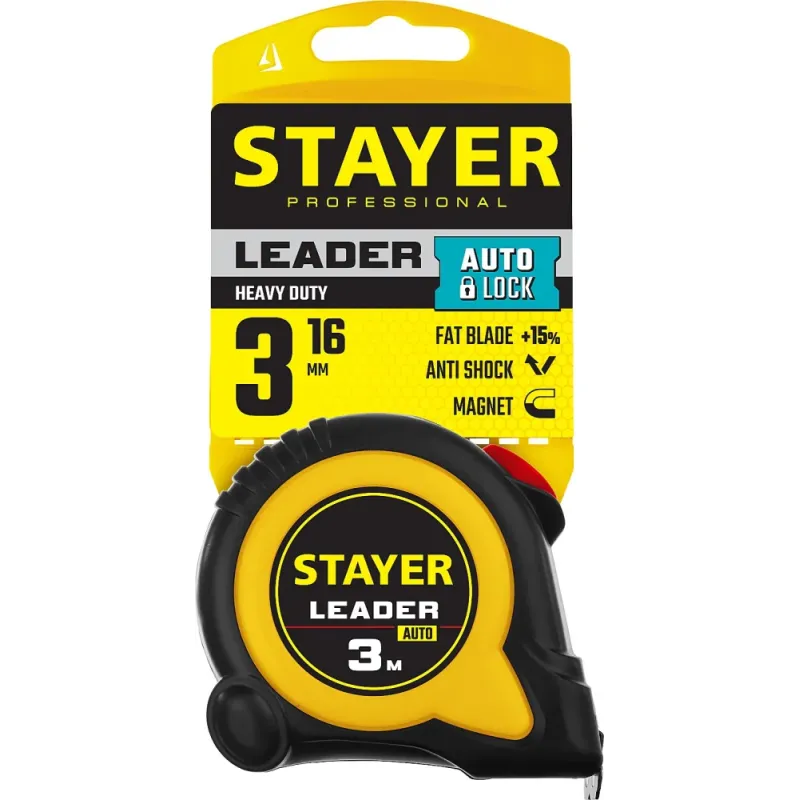 STAYER Leader, 3 м х 16 мм, рулетка с автостопом, Professional (3402-3)