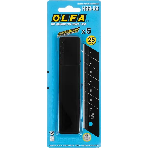 OLFA 25 мм, 5 шт, в пластиковом кейсе + блистер, черные сегментированные лезвия, особо острые, EXCEL BLACK (OL-HBB-5B)