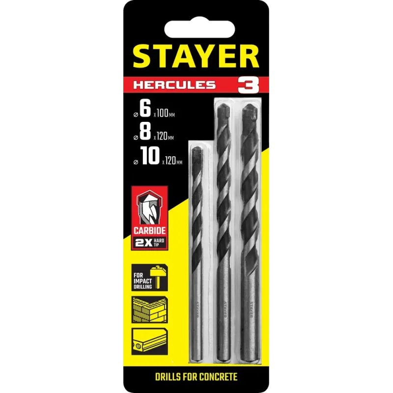 STAYER Hercules, 3 шт: d 6-8-10 мм, набор сверл по бетону, Professional (2915-H3)