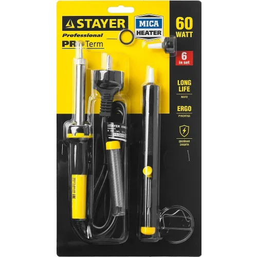 STAYER PROTerm, 60Вт, 2к рукоятка, конус, подставка+припой+сменн жало+оловоотсос+сменн насадка, набор для паяльных работ, Professional (55313-60-H6)