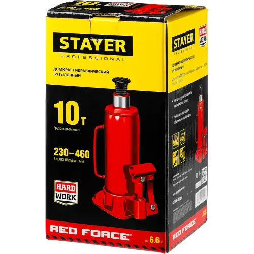 STAYER RED FORCE, 10 т, 230 - 460 мм, бутылочный гидравлический домкрат, Professional (43160-10)