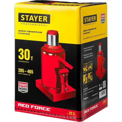STAYER RED FORCE, 30 т, 285 - 465 мм, бутылочный гидравлический домкрат, Professional (43160-30)