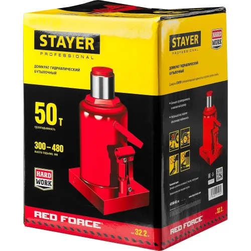 STAYER RED FORCE, 50 т, 300 - 480 мм, бутылочный гидравлический домкрат, Professional (43160-50)