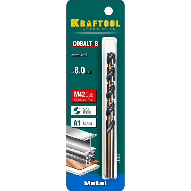 KRAFTOOL COBALT-8, 8.0 х 117 мм, сталь М42, HSS-Co(8%), сверло по металлу (29656-8)