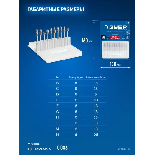 ЗУБР 10 шт набор борфрез твердосплавных, хв-к 3 мм, ПРОФЕССИОНАЛ (28816-H10)