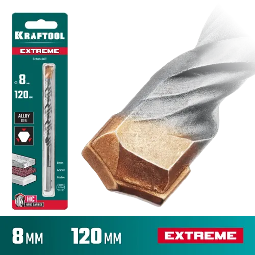 KRAFTOOL Extreme, 8 х 120 мм, трехгранный хвостовик, сверло по бетону (29166-120-08)