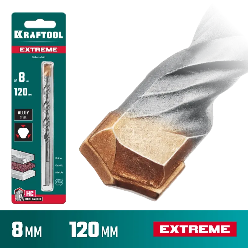 KRAFTOOL Extreme, 8 х 120 мм, трехгранный хвостовик, сверло по бетону (29166-120-08)
