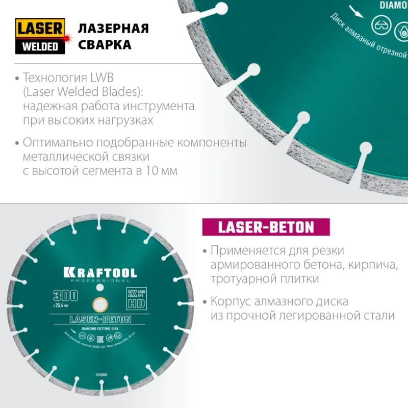 KRAFTOOL LASER-BETON 300 мм (25.4/20 мм, 10х3.2 мм ), алмазный диск (36686-300)