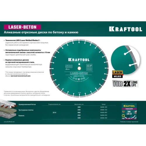 KRAFTOOL LASER-BETON 300 мм (25.4/20 мм, 10х3.2 мм ), алмазный диск (36686-300)