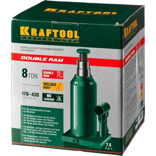 KRAFTOOL DOUBLE RAM, 8 т, 170 - 430 мм, с увеличенным подъемом, двухштоковый бутылочный домкрат (43463-8)