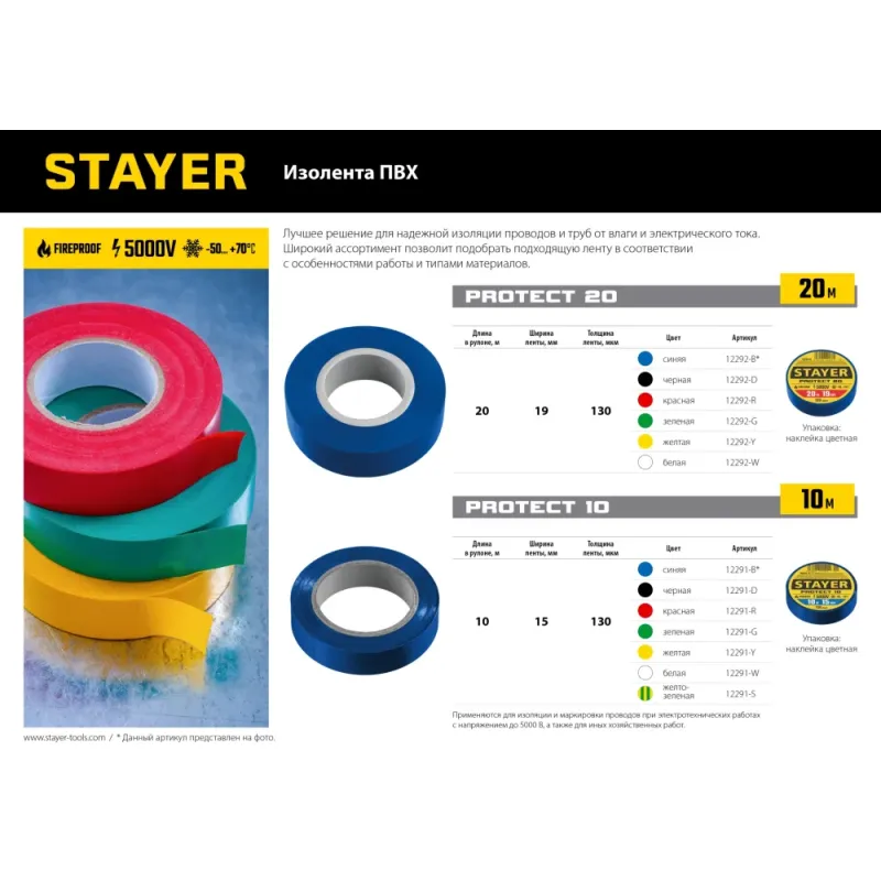 STAYER PROTECT-20, 19 мм х 20 м, 5 000 В, зеленая, изолента ПВХ, Professional (12292-G)