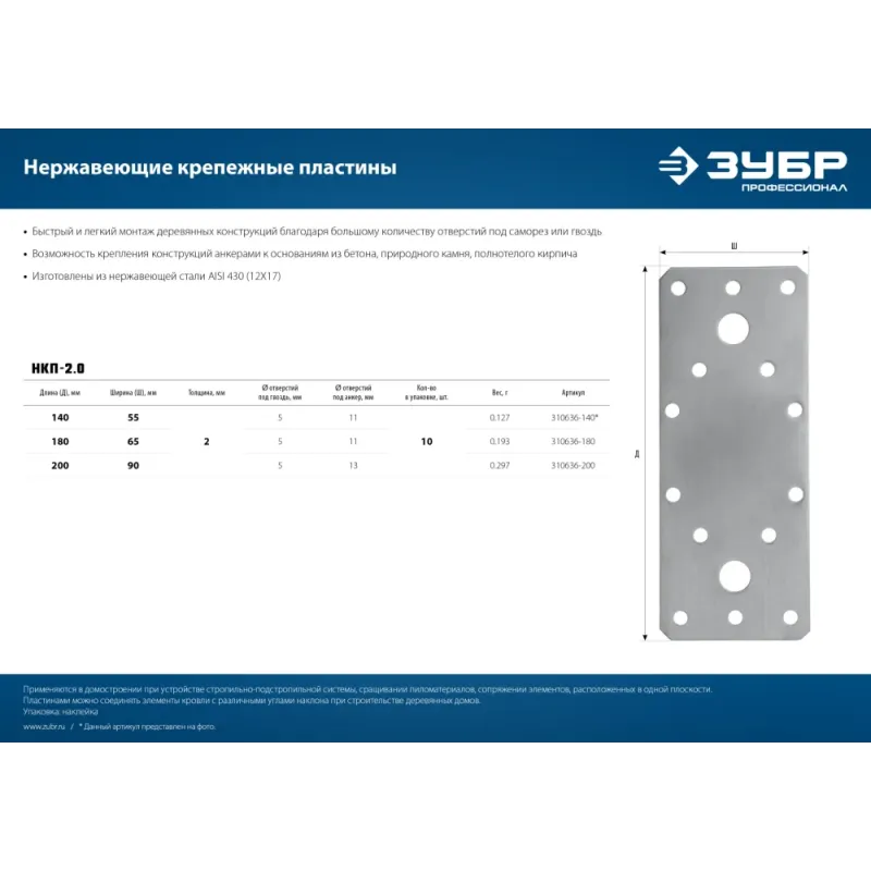 ЗУБР НКП-2.0, 200 x 90 x 2 мм, нержавеющая крепежная пластина, Профессионал (310636-200)