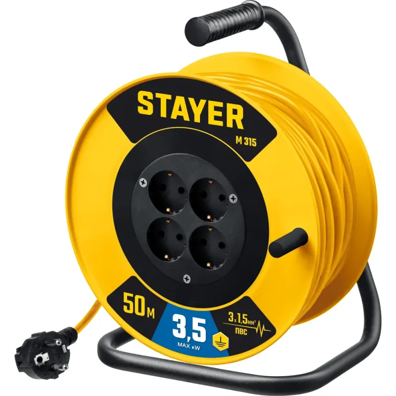 STAYER M-315, ПВС, 3 х 1.5 мм2, 50 м, 3500 Вт, силовой удлинитель на катушке (55078-50)