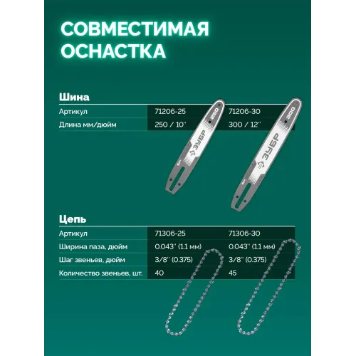 ЗУБР 20 В, 250 мм шина (Тип 6) без АКБ (LMS), пила цепная аккумуляторная (ПЦБ-2025)