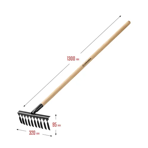 GRINDA GS-10 WOOD, 320 х 95 х 1300 мм, 10 витых зубцов, углеродистая сталь, антикор. покрытие, черенок дерев. высш. сорт, садовые грабли (39581-10)