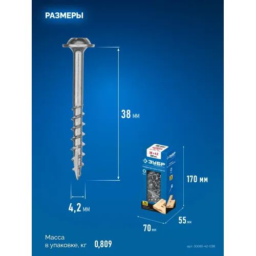 ЗУБР 38 х 4.2 мм, редкая резьба, ТХ20, цинк, 300 шт, саморез для глухих отверстий, Профессионал (30081-42-038)