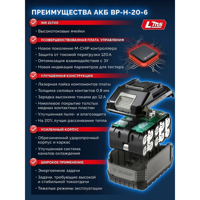 ЗУБР High Power, 20 В, 6.0 А·ч, аккумулятор LMS, ПРОФЕССИОНАЛ (BP-H-20-6)