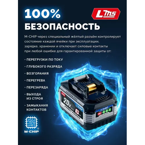 ЗУБР High Power, 20 В, 6.0 А·ч, аккумулятор LMS, ПРОФЕССИОНАЛ (BP-H-20-6)