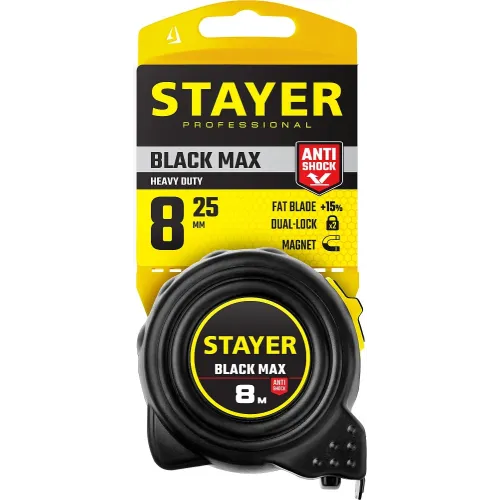 STAYER BlackMax, 8 м х 25 мм, рулетка с двумя фиксаторами, Professional (3410-08)