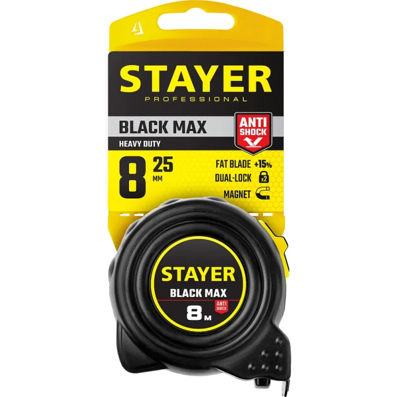 STAYER BlackMax, 8 м х 25 мм, рулетка с двумя фиксаторами, Professional (3410-08)