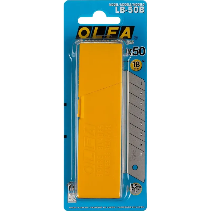 OLFA 18 мм, 50 шт, в пластиковом кейсе + блистер, сегментированные лезвия (OL-LB-50B)