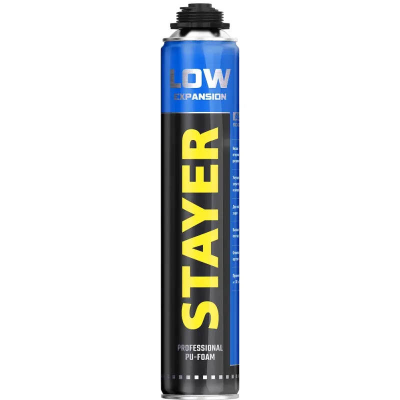 STAYER LOW EXPANSION, 800 мл, пистолетная, выход до 50 л, всесезонная, с низким вторичным расширением, монтажная пена, Professional (41136)