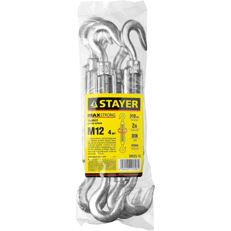 STAYER DIN 1480, М12, 4 шт, талреп крюк-крюк (30525-12)