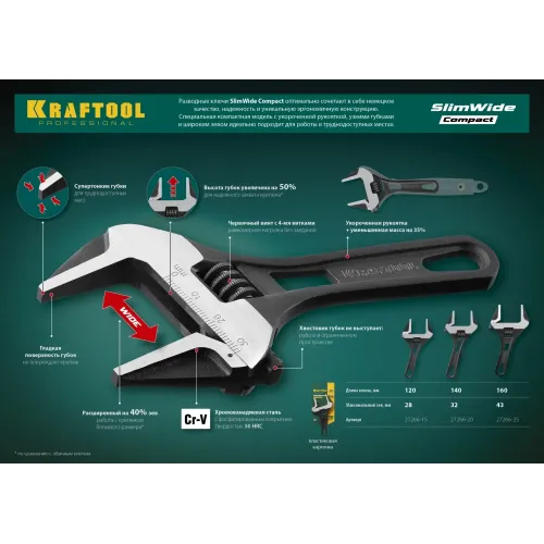 KRAFTOOL SlimWide Compact, 160/44 мм, разводной ключ (27266-25)