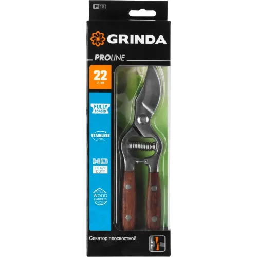 GRINDA P-15, 210 мм, нержавеющая сталь, с деревянными рукоятками, цельнокованый плоскостной секатор, PROLine (423415)