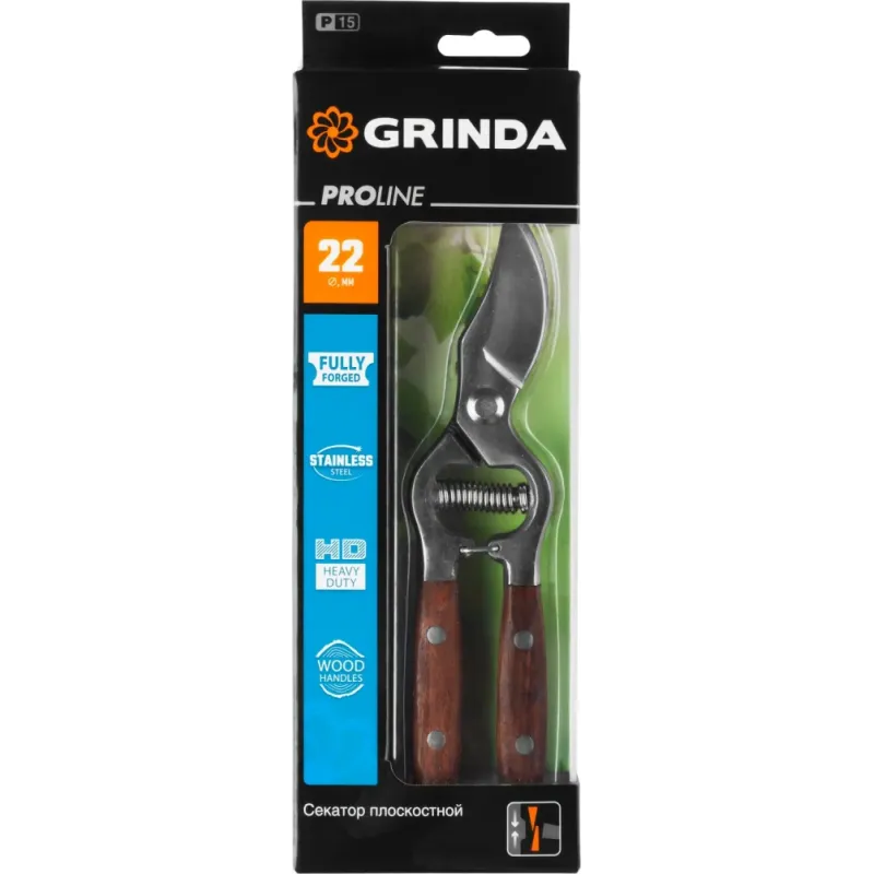 GRINDA P-15, 210 мм, нержавеющая сталь, с деревянными рукоятками, цельнокованый плоскостной секатор, PROLine (423415)