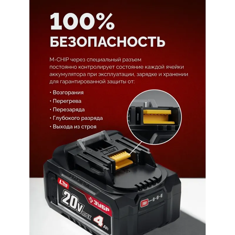 ЗУБР 20 В, 4.0 А·ч, аккумулятор LMS (АКБ-20-4)