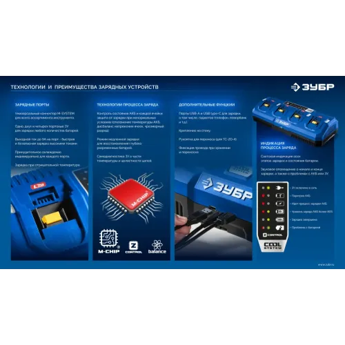 ЗУБР Turbo CHARGE, 20 В, 2 порта, 2 х 9 А, зарядное устройство для LMS АКБ, ПРОФЕССИОНАЛ (TC-20-2)