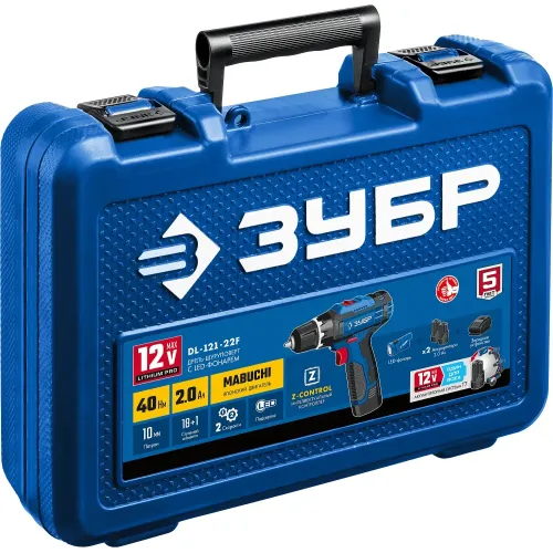 ЗУБР 12 В, 40 Н·м, 2 АКБ тип Т7 (2 А·ч), дрель-шуруповерт + LED фонарь, кейс, Профессионал (DL-121-22F)