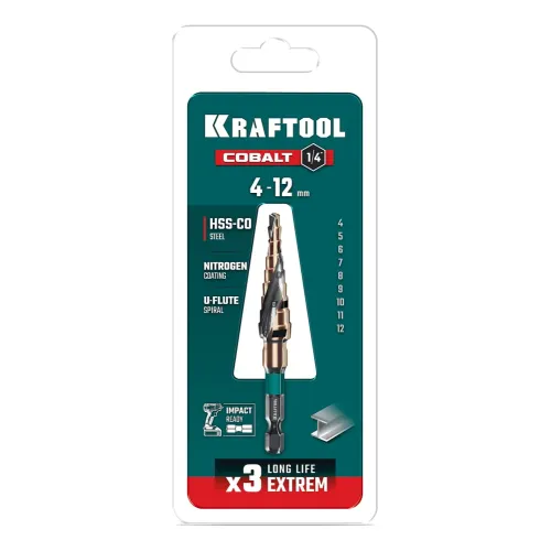 KRAFTOOL COBALT 4-12мм, 9 ступеней, азотирование, винтовая спираль, сверло ступенчатое(29691-4-12-9)